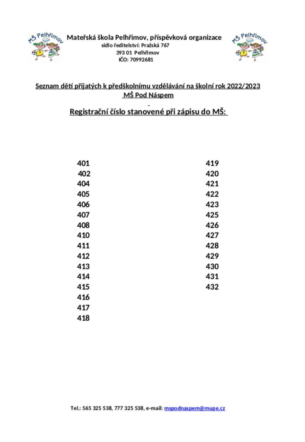 Seznam přijatých dětí pro šk. rok 2022/2023